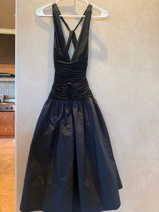 BCBGMaxAzria Dresses & Skirts - BCBGMaxAzria Black Ruched Bodice Midi Dress with Cross-Back Straps